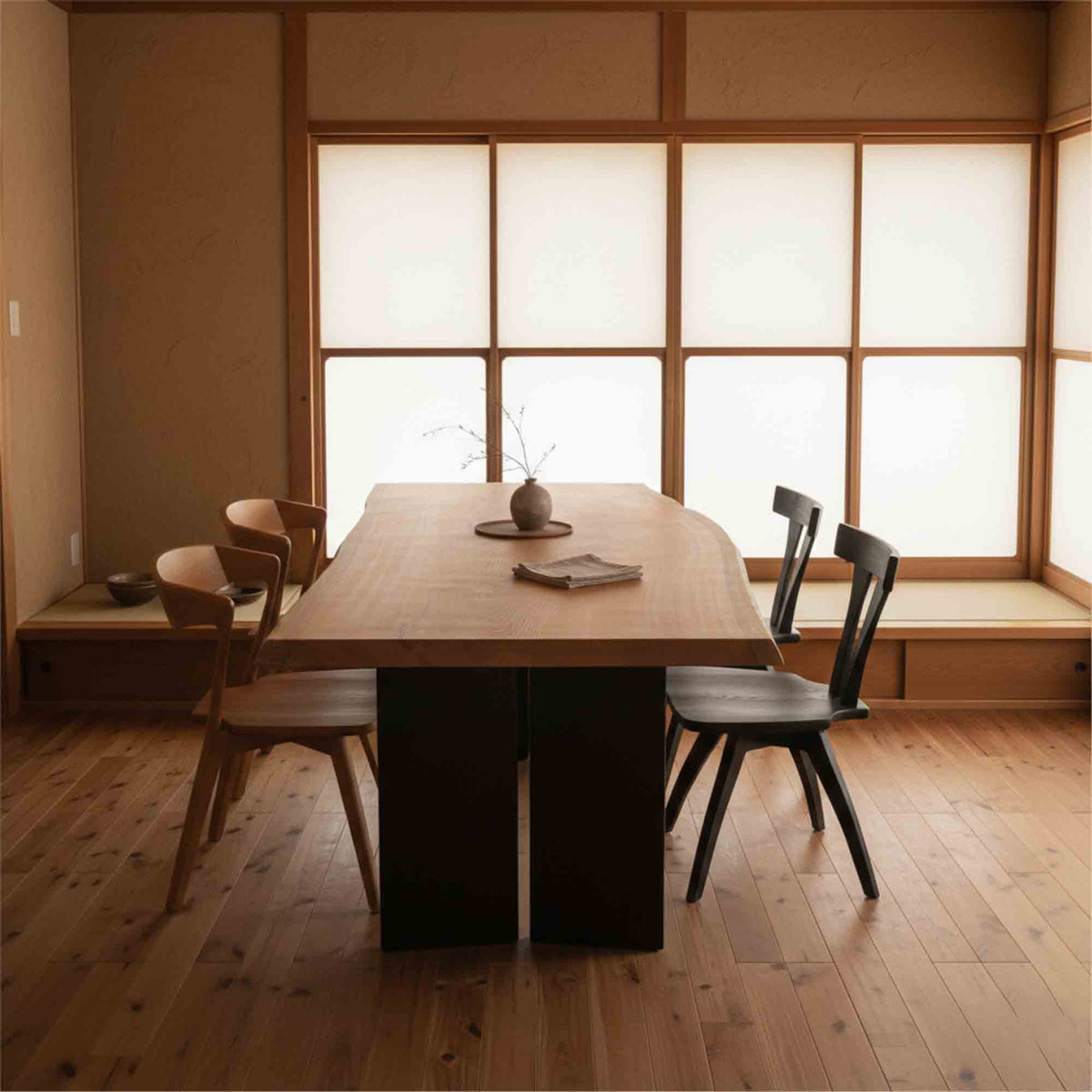 美品■無垢材■欅材■二枚接ぎ■和モダンデザイン■ダイニングテーブル■最高級■銘木 No.2304 欅一枚板ダイニングテーブル｜空間：和モダン｜明るさと流れが