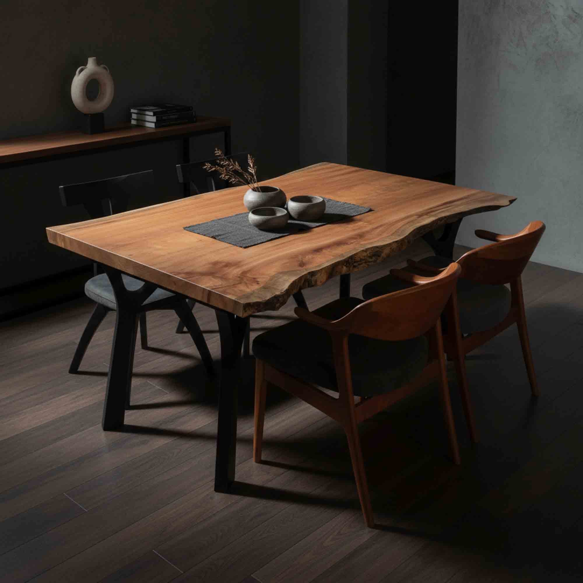 No.2329 椨桜一枚板ダイニングテーブル｜空間：モダン｜黒脚に映える