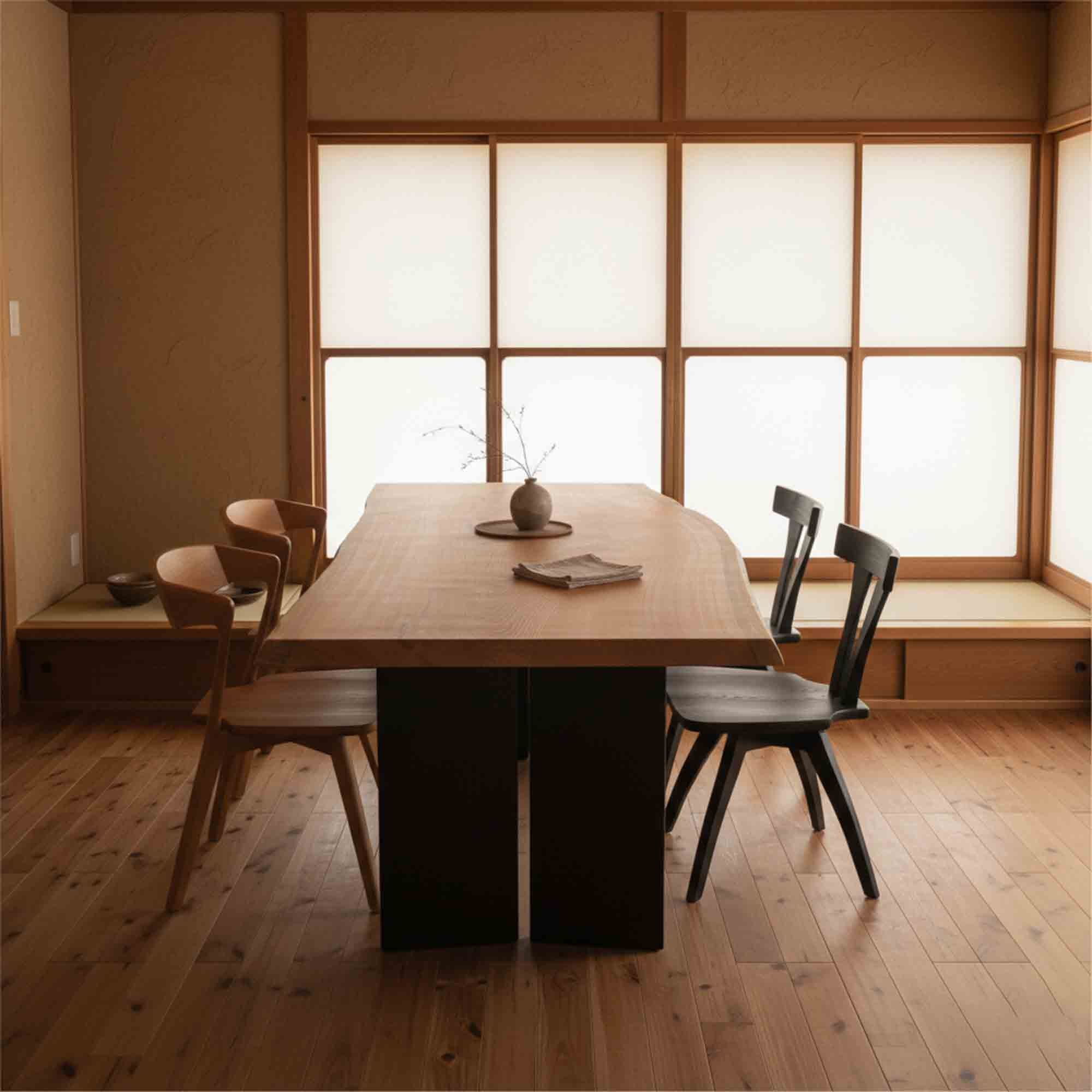 美品■無垢材■欅材■二枚接ぎ■和モダンデザイン■ダイニングテーブル■最高級■銘木 No.2304 欅一枚板ダイニングテーブル｜空間：和モダン｜明るさと流れが