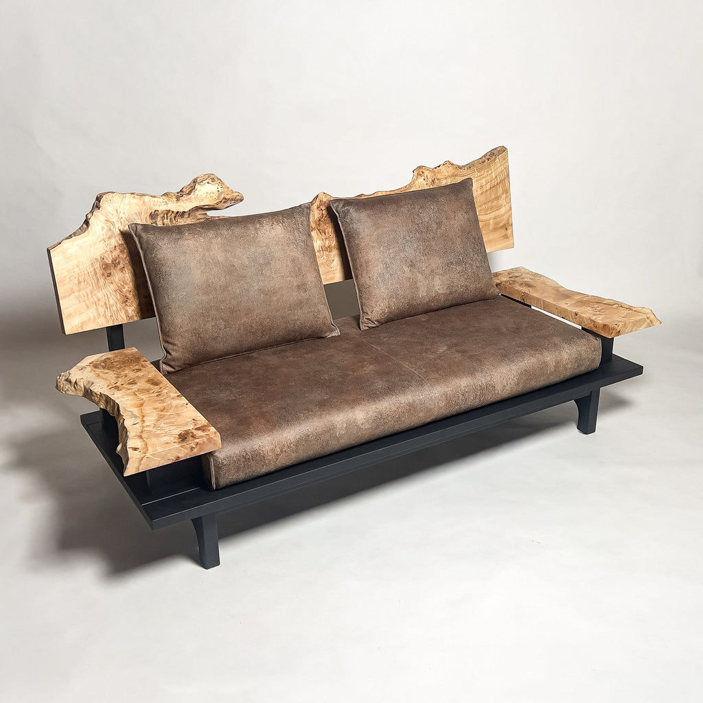 ポプラ 高級 一枚板ソファ 2人掛け 斜め クッション背