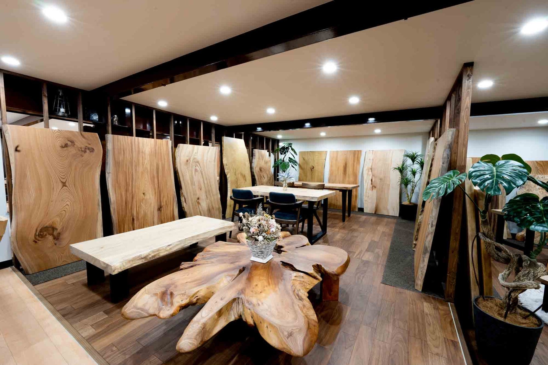 鬼童銘木ショールームの一枚板展示場